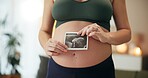 Hands, home and pregnant woman with ultrasound, maternity and wellness in living room. Closeup, pregnancy and girl with baby scan, apartment and excited for future, growth and prenatal with newborn