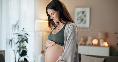 Buy stock photo Belly, pregnant woman and thinking with living room, home and maternal health or wellness. Happy future mother, IVF results and smile with pregnancy in apartment and ready to start family with growth