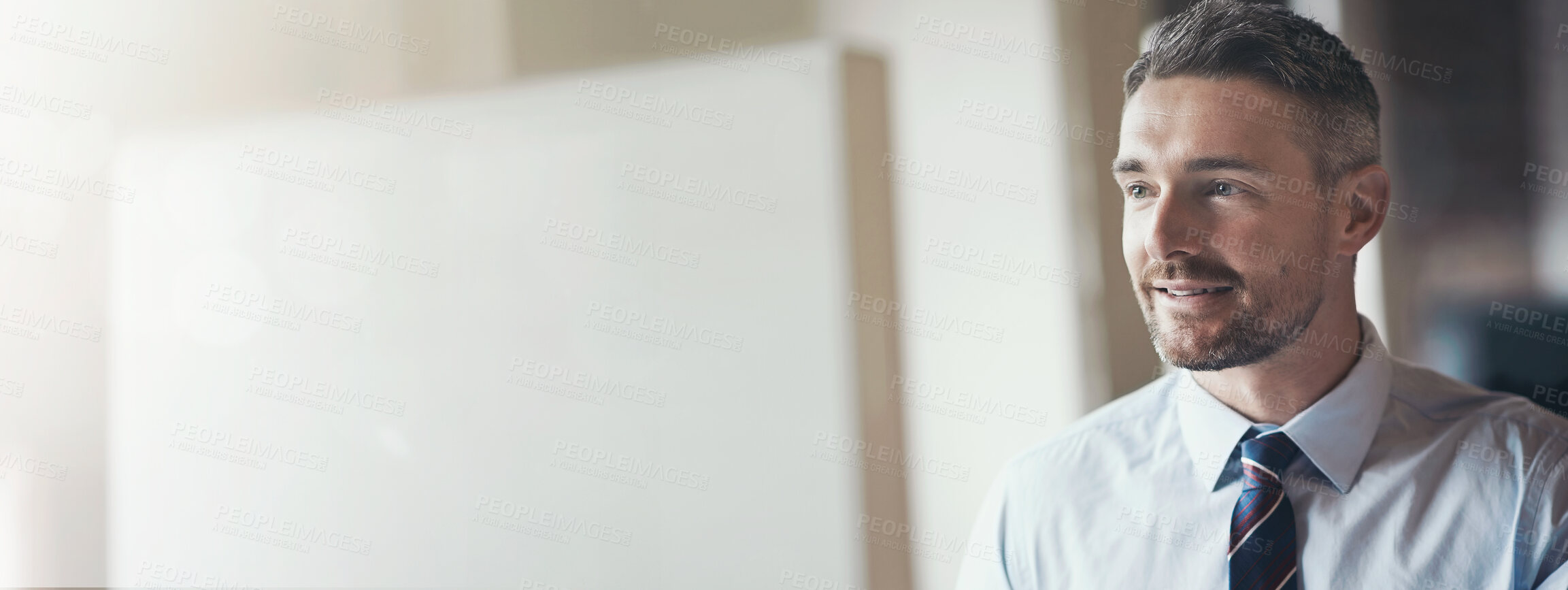 Buy stock photo Thinking, typing and man with computer, smile and ideas for legal report, investigation and disputes. Web, planning and person in office, ombudsman and reading of information, research and happy