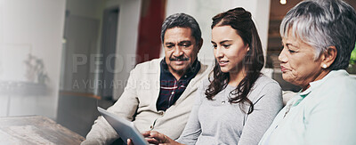 Buy stock photo Senior parents, woman and tablet in living room for connection or bonding with technology. Family, home and mature people with young, female person and happy for togetherness on couch in community