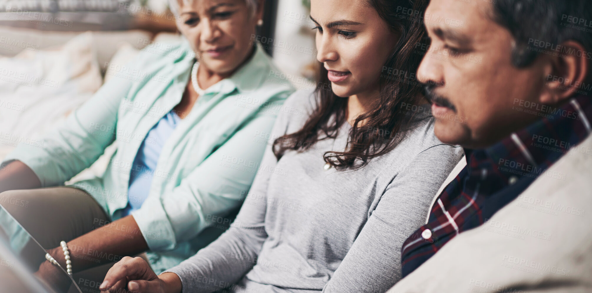 Buy stock photo Relax, tablet and woman teaching parents networking on internet, mobile app or website on sofa. Talk, bonding and senior man and woman learning digital technology with female person in living room.