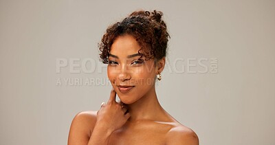 Buy stock photo Skincare portrait, smile and woman with beauty, dermatology or glow. Face, happy and African model with makeup, natural cosmetics and spa facial treatment for healthy skin on gray studio background