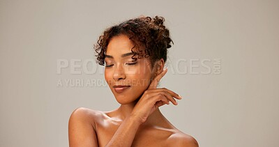 Buy stock photo Relax, skincare and facial of African woman with wellness, treatment and aesthetic for skin. Calm, rest and cosmetics with dermatology for youth and beauty clinic procedure with studio background