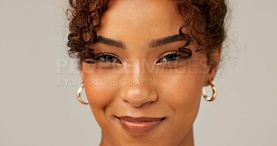 Buy stock photo Skincare, portrait and happy woman closeup for natural beauty, dermatology or glow. Face, smile and confident African model with makeup, facial cosmetics or pimple treatment on gray studio background