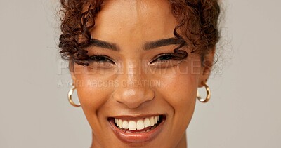 Buy stock photo Skincare, portrait and woman laugh for natural beauty, dermatology or glow closeup. Face, smile and confident African model with makeup, facial cosmetics or pimple treatment on gray studio background