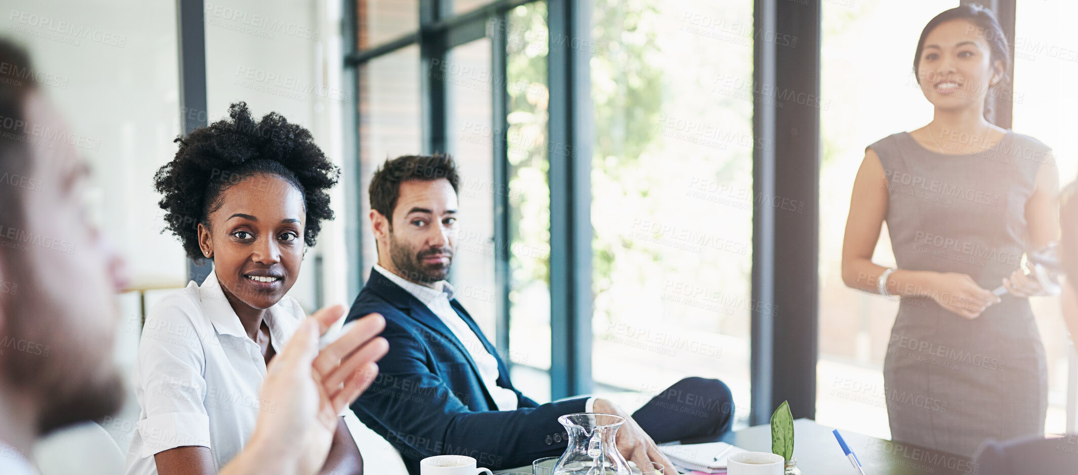 Buy stock photo Meeting, people and advice in office for business, feedback and brainstorming project. Corporate team, talking and question in workplace for problem solving, collaboration and pitch with diversity