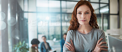 Buy stock photo Business woman, portrait and designer with confidence for team productivity on banner at office. Young, female person or creative employee with arms crossed for company development or future career