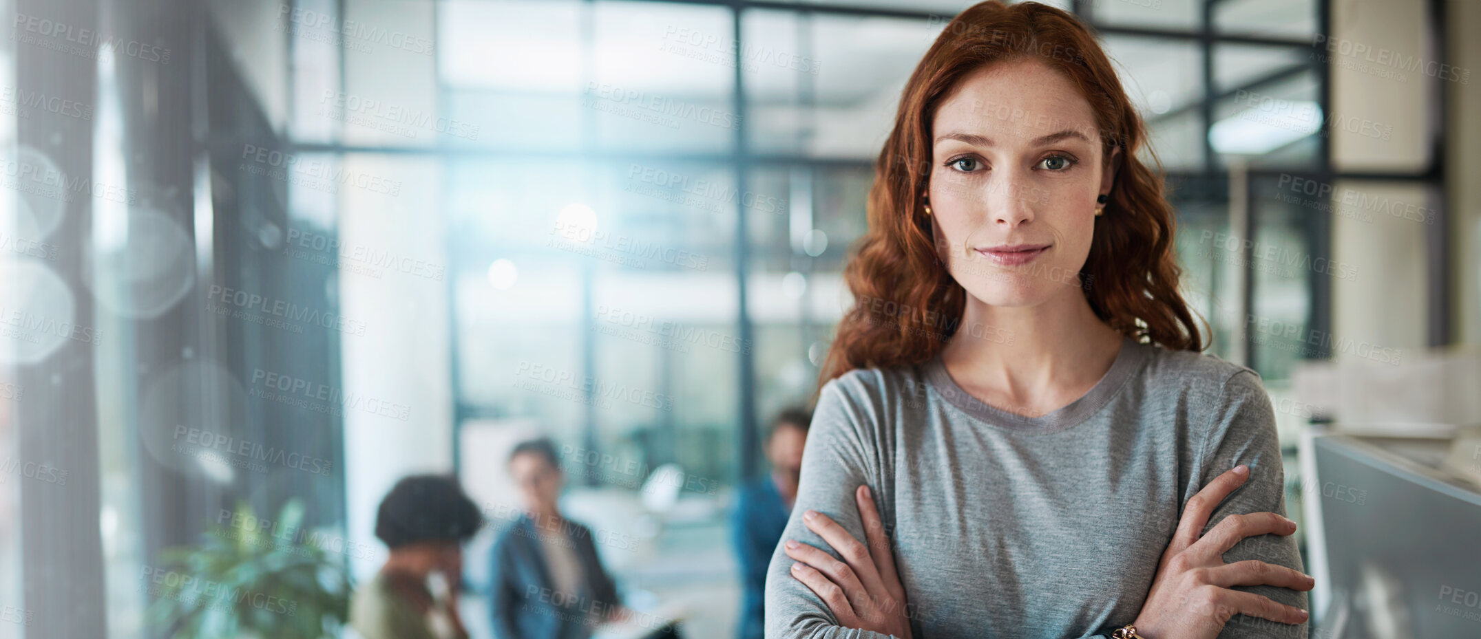 Buy stock photo Business woman, portrait and designer with confidence for team productivity on banner at office. Young, female person or creative employee with arms crossed for company development or future career