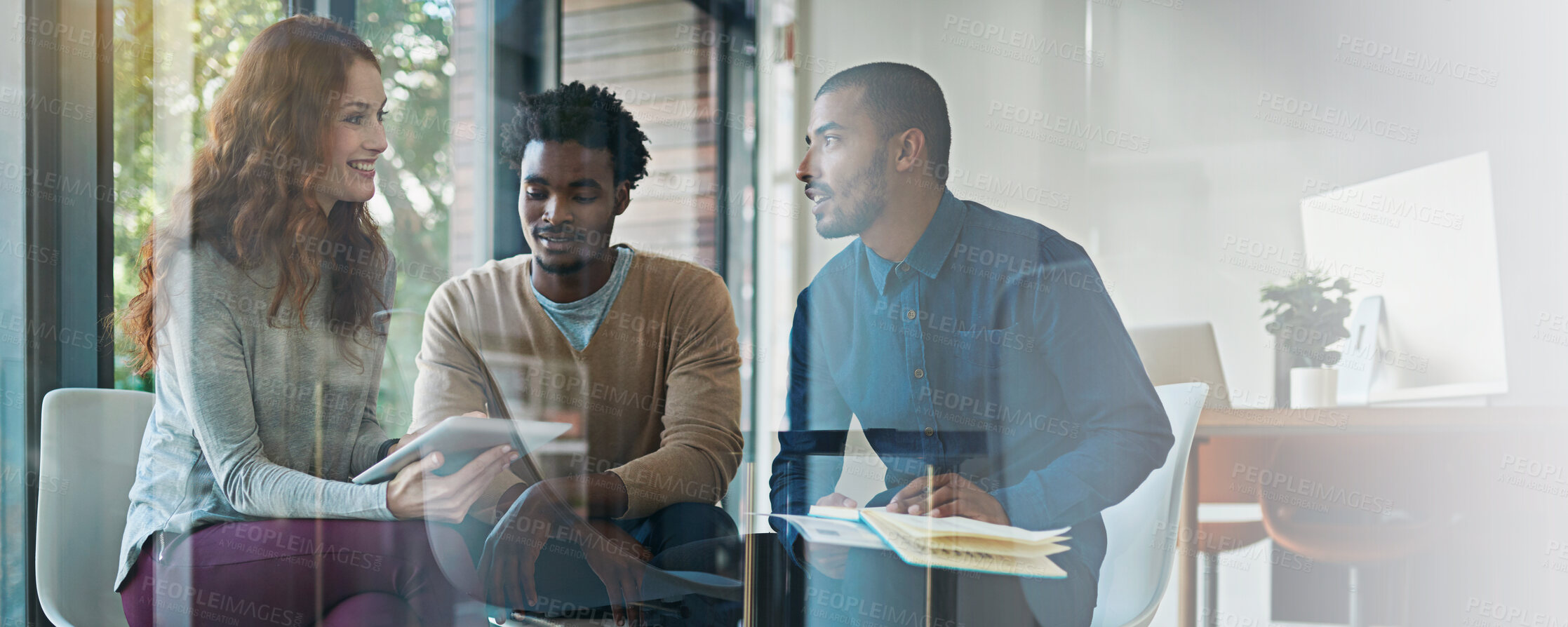 Buy stock photo Collaboration, glass and meeting with business people in office together for conversation or planning. Designer, documents and tablet with employee group on workplace for creative discussion