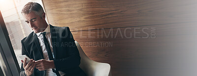 Buy stock photo Business, phone and space with mature man in corporate workplace for communication or networking. App, mockup and social media with serious professional employee in office for mobile post or banner