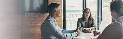 Buy stock photo Office, meeting and banner with discussion and corporate lawyer planning for case. Collaboration, teamwork and our vision with conversation, desk and law firm agenda in morning with management