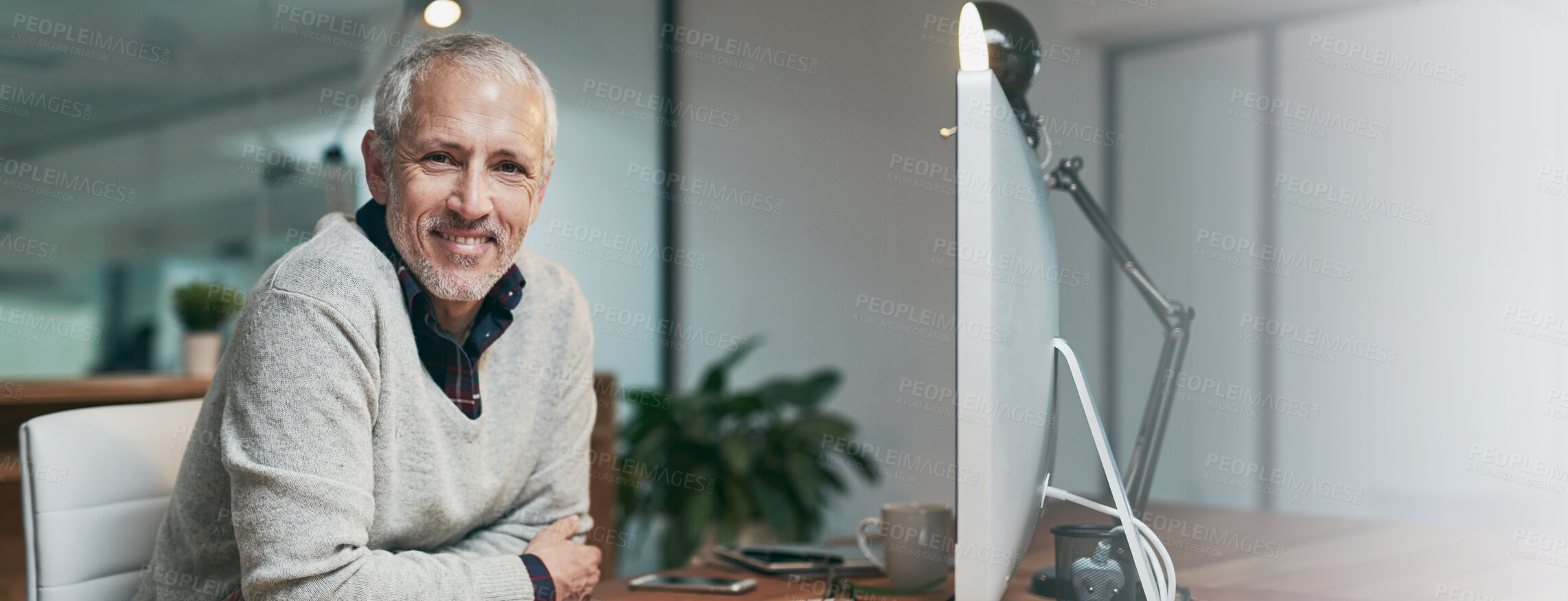 Buy stock photo Portrait, business and mature man with computer, smile or confidence with sales agency. Employee, pc or consultant at desk, internet or career ambition with pride, professional or happiness in office