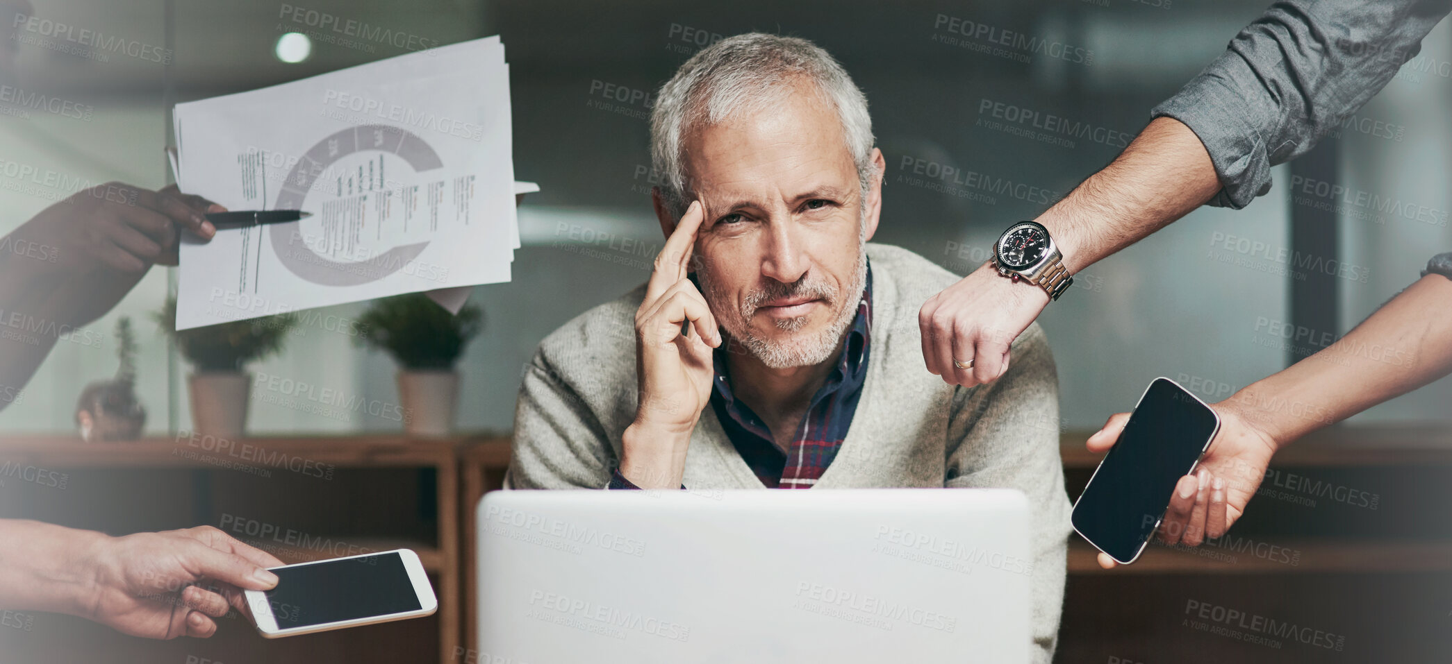 Buy stock photo Business man, hands and portrait of multitasking with confidence from deadline and tech. Boss, pressure and level head from busy office and entrepreneur workflow with professional time management