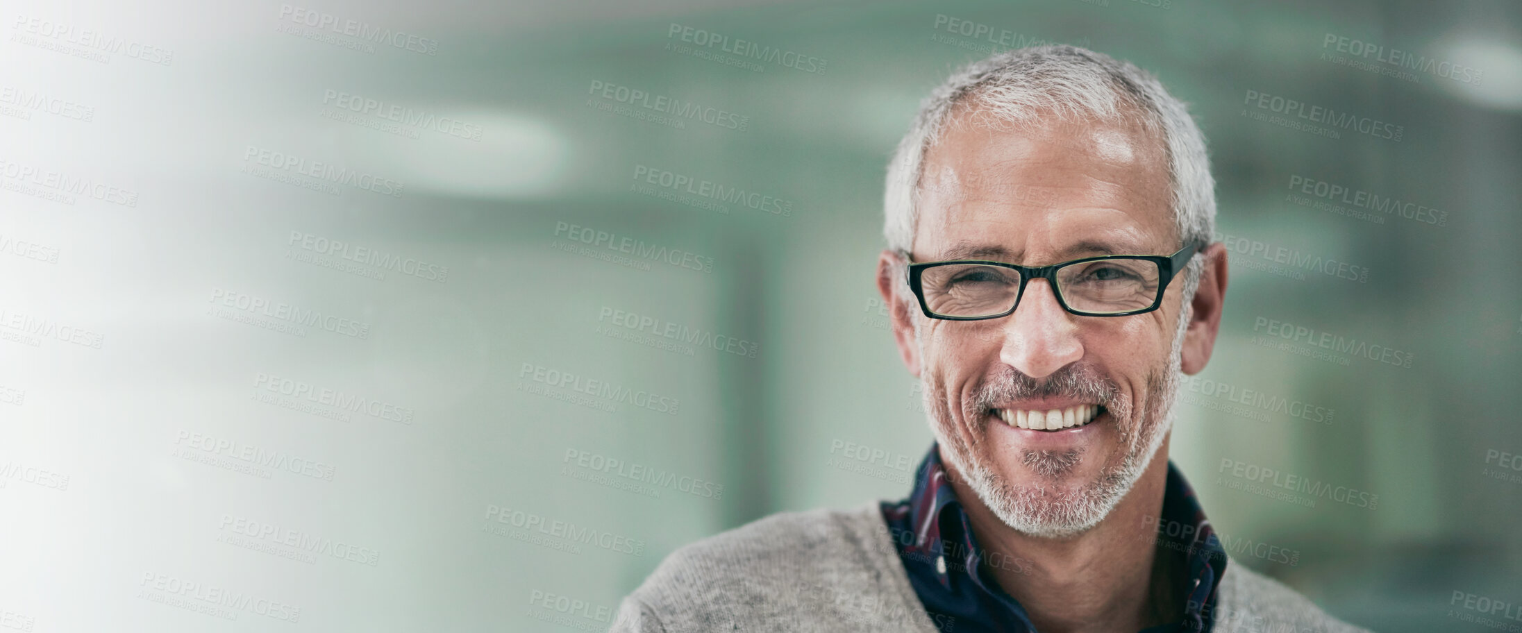 Buy stock photo Business, portrait and smile of mature man on space in office for management of professional company. Face, glasses and happy with confident employee on banner in workplace for corporate development