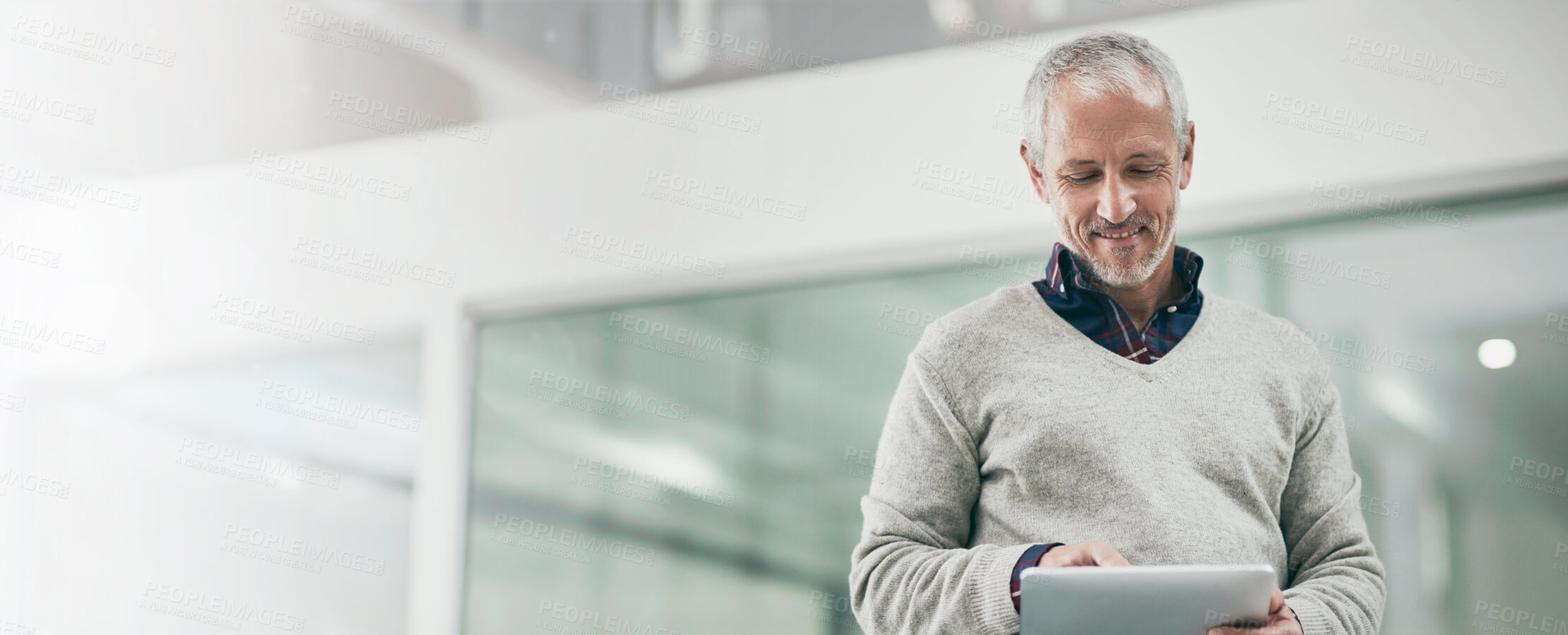 Buy stock photo Business, smile and tablet with mature man in office for online information, reading or research. App, review and schedule with happy professional employee in workplace for email communication