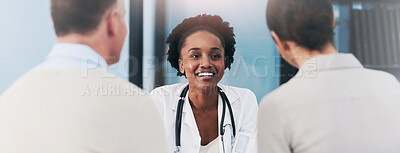 Buy stock photo Happy woman, doctor and consulting couple for healthcare, appointment or checkup at hospital. Female person, medical professional or cardiologist with patients on banner for health advice at clinic