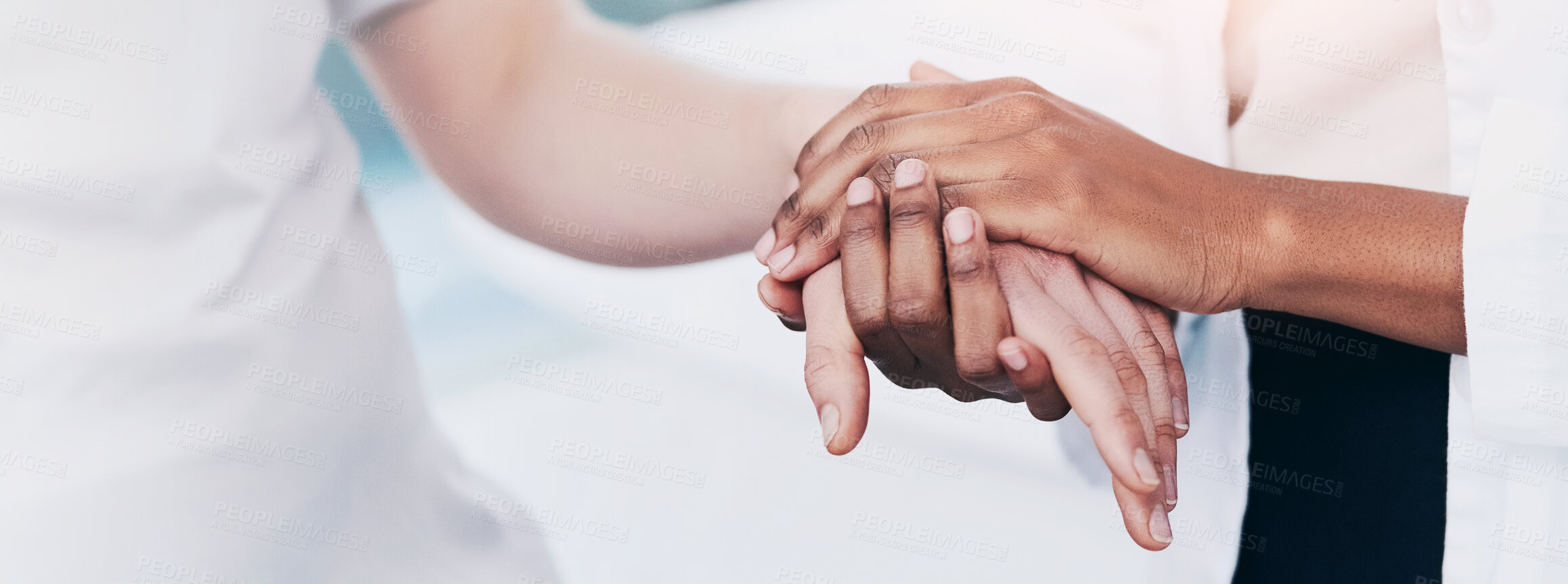 Buy stock photo Closeup, hands and doctor with patient for empathy, consultation or healthcare at hospital. Medical worker, therapy and touch with client on banner for health assistance, understanding or sympathy