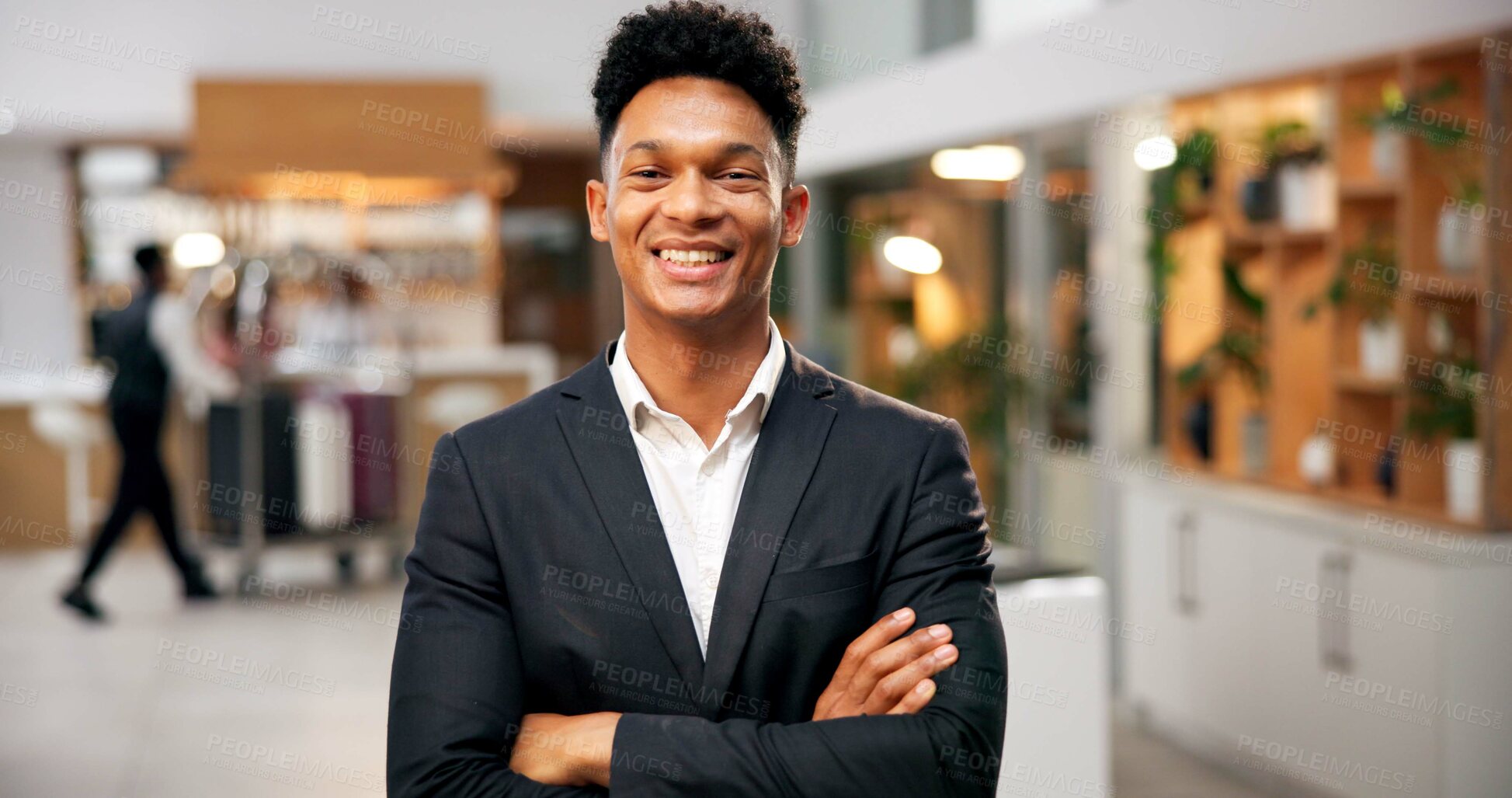 Buy stock photo Man, portrait and arms crossed of manager in hotel, customer service and friendly concierge. Male person, lobby reception and proud assistance in front desk, hospitality worker and lodge receptionist