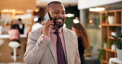 Buy stock photo Hotel, mature man and talking with phone call for networking, listening or chat with contact. Lobby, male person or conversation on mobile for business travel, corporate opportunity or journey update
