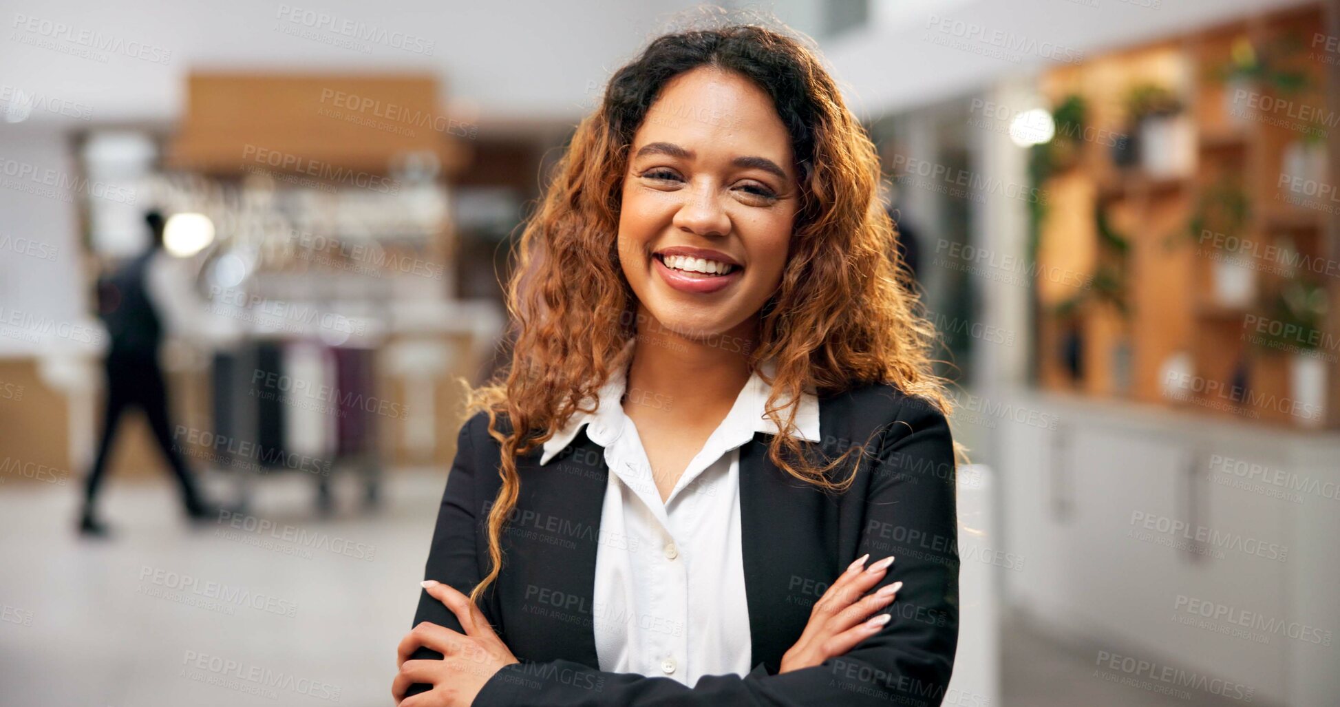 Buy stock photo Woman, portrait and arms crossed of manager in hotel, customer service and friendly concierge. Female person, lobby reception and proud assistance in front desk, hospitality and lodge receptionist