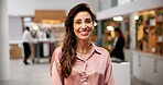 Happy woman, portrait and manager with hotel for accommodation, hospitality or luxury lodge. Female person, receptionist or concierge with smile or welcome for motel, resort or check in services