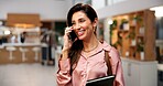 Hotel, woman and happy with phone call for networking, listening and chat with contact. Thinking, female person and conversation on mobile for business travel, corporate opportunity or journey update