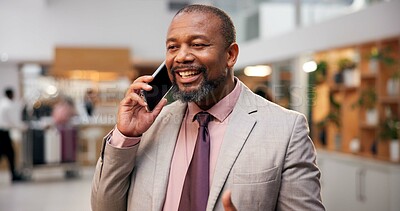 Buy stock photo Hotel, mature man and smile with phone call for communication, networking and chat with contact. Lobby, male person and talking on mobile for business travel, corporate opportunity and journey update