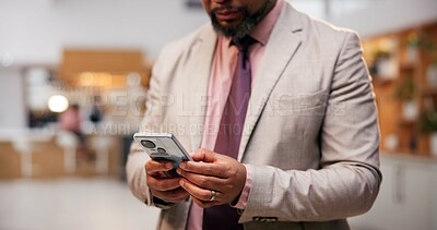 Buy stock photo Black man, phone and hotel for online booking, hands and professional for luxury accommodation. Person, hospitality service and website for checkin or reservation, guest review and communication