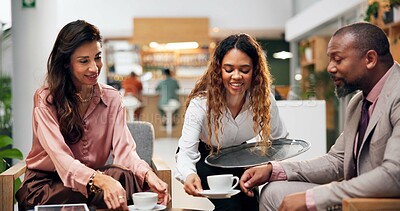 Buy stock photo Coffee break, hotel lobby and business people with planning, discussion and meeting for conference. Man, woman and seminar for b2b, partnership and work trip for hospitality and collaboration