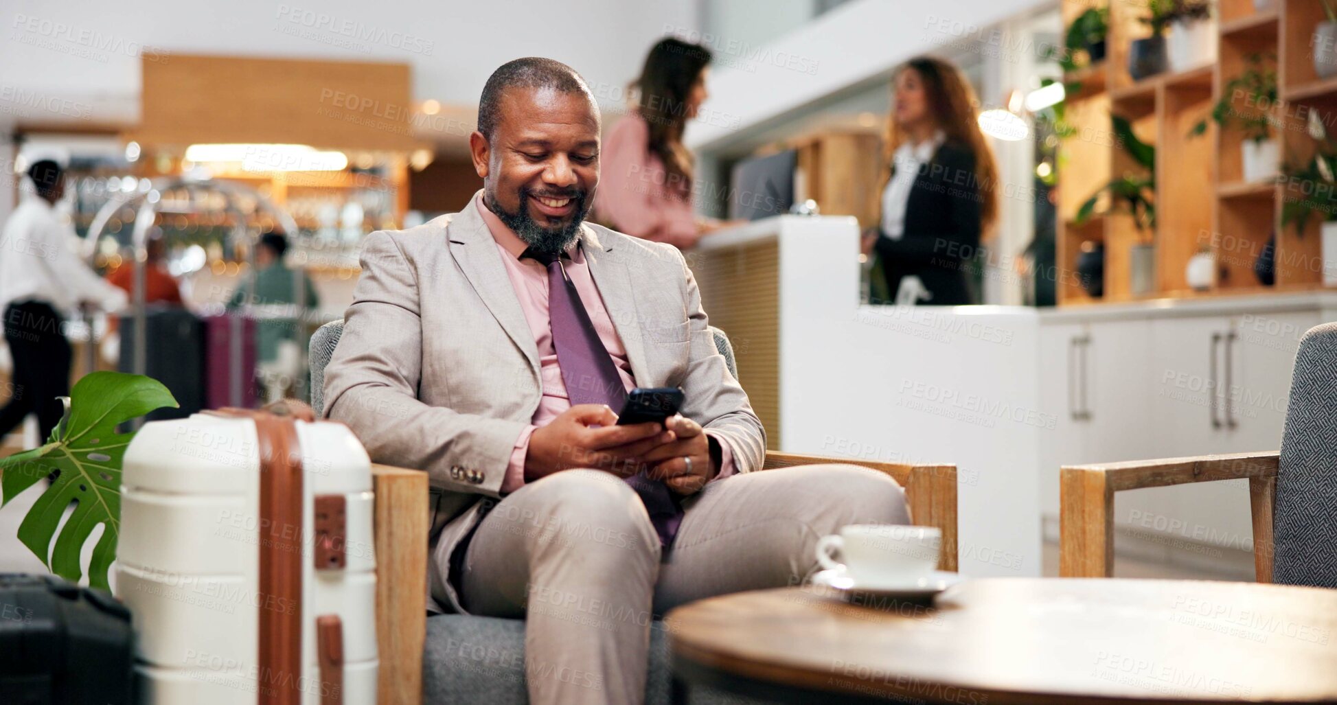 Buy stock photo Black man, phone and hotel for communication in lobby, search and professional for luxury accommodation. Person, hospitality service and website for checkin or reservation, guest review and reception