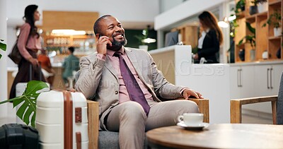 Buy stock photo Business, hotel and man in lounge with phone call, smile and luggage in lobby for communication. Travel, booking and happy businessman at reception on smartphone with hospitality, suitcase and relax