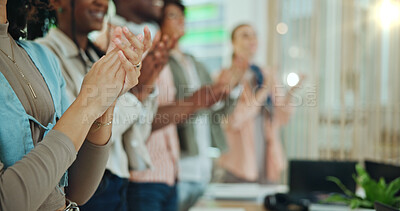 Buy stock photo Employees, hands and clapping in office for success, team building and motivation for goals. Business people, mission achievement and group applause in solidarity, workplace victory and celebration