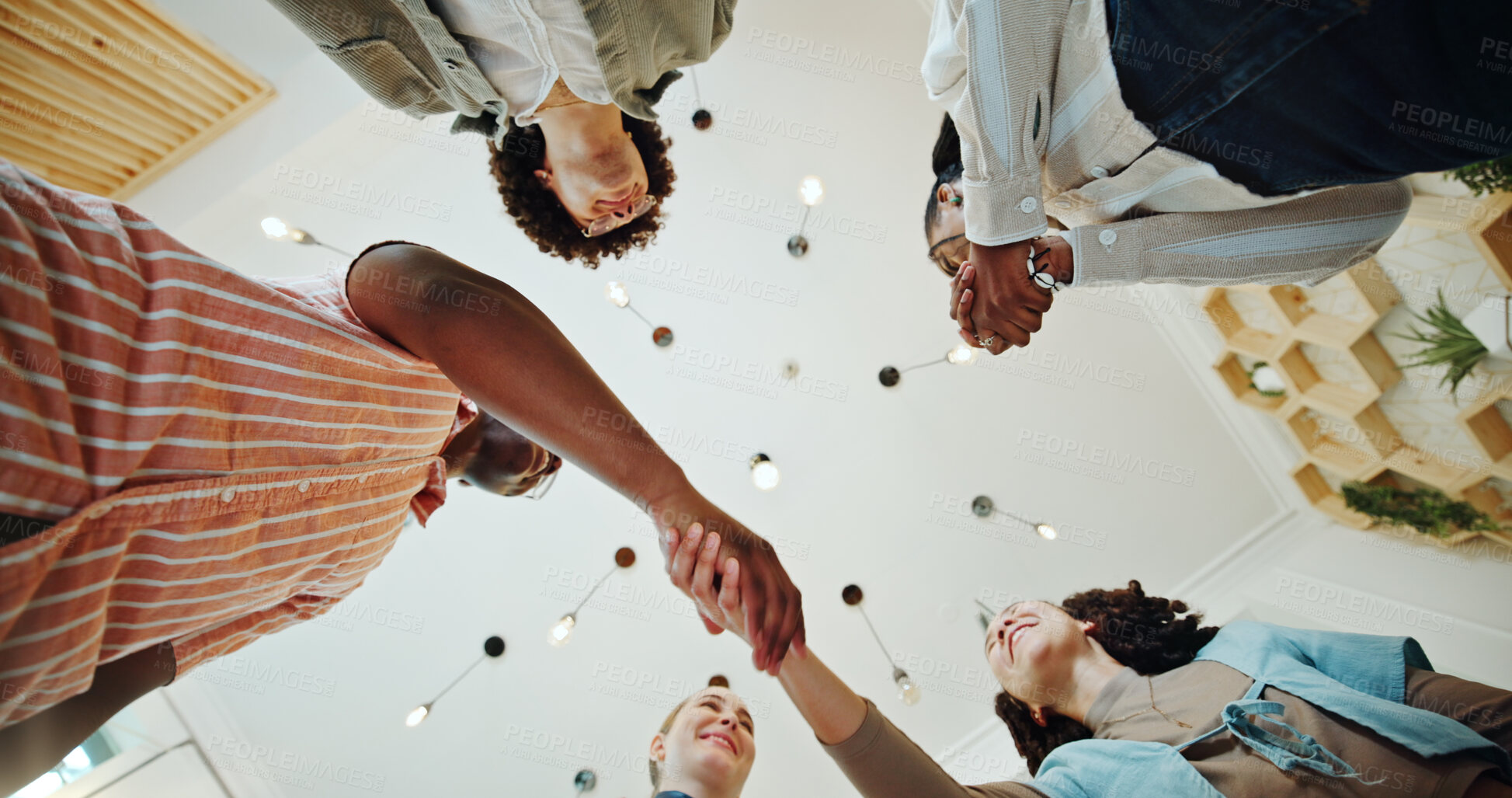 Buy stock photo Handshake, low angle and teamwork with business people in office for contract negotiation, agreement and thank you. Partnership, congratulations and achievement with group of employees in startup