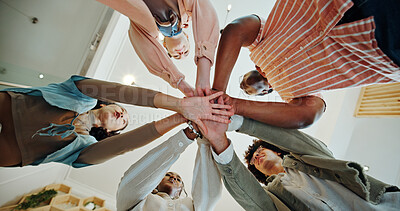 Buy stock photo College, students and stack of hands for education, academic project and support for studying as team. Campus, people and friends with huddle for exam success, solidarity and celebration by low angle