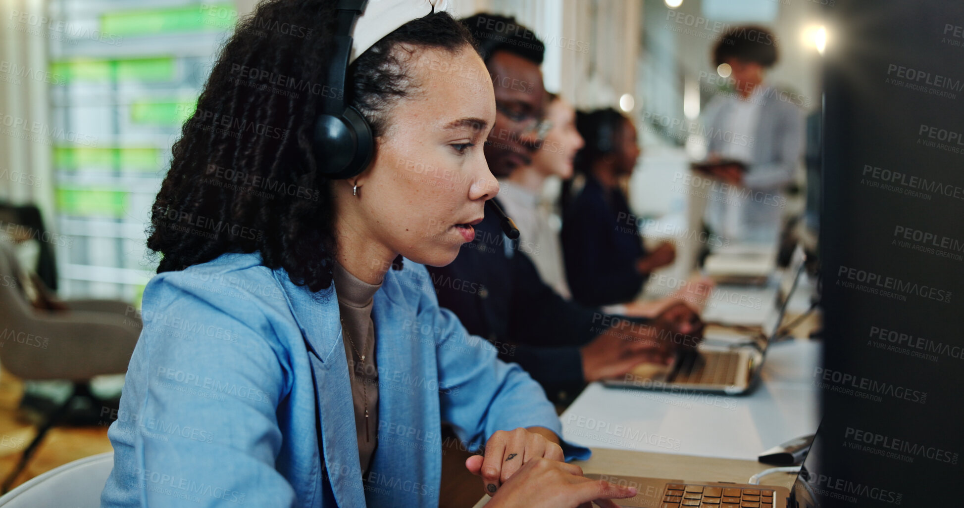 Buy stock photo Woman, laptop and people in call center for telemarketing, customer support and lead generation. Agent, computer and consulting in coworking space for CRM, assistance and advice service at help desk