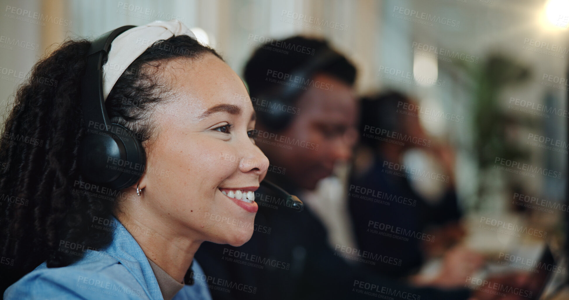 Buy stock photo Woman, happy and people in call center for customer support, telemarketing and lead generation. Agent, technology and consulting in coworking space for CRM, assistance and advice service at help desk