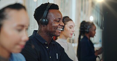 Buy stock photo Call center, man and consultant talking on microphone for lead generation, customer service and CRM assistance. Telemarketing, friendly agent and headset at help desk for technical support and advice