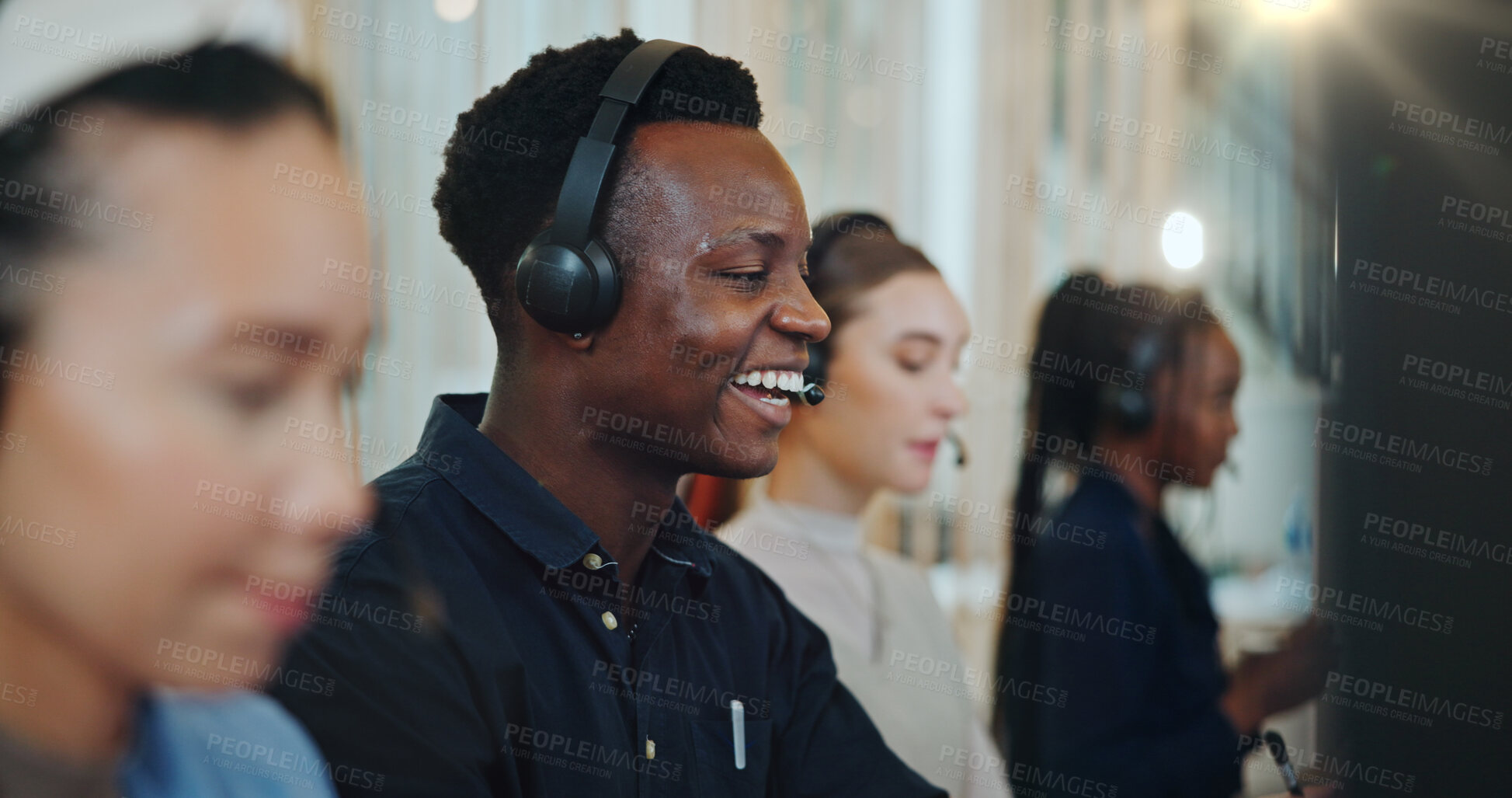 Buy stock photo Call center, man and consultant talking on microphone for lead generation, customer service and CRM assistance. Telemarketing, friendly agent and headset at help desk for technical support and advice