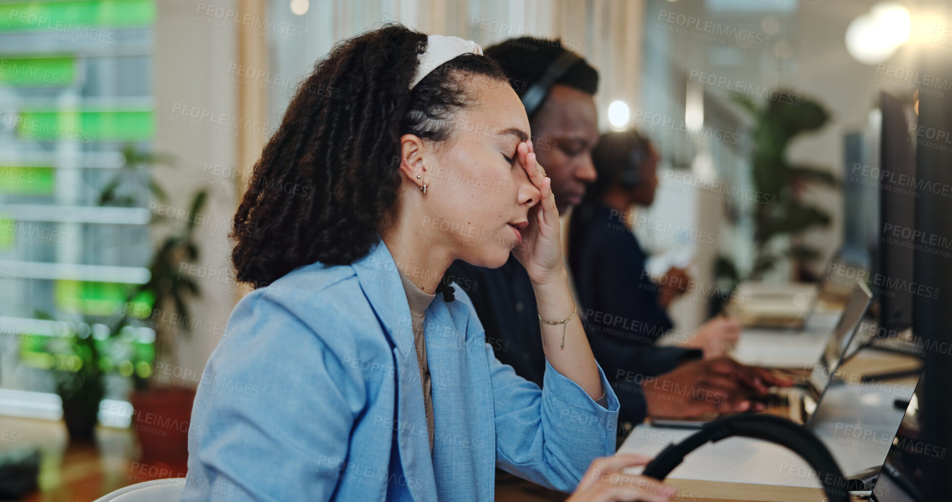 Buy stock photo Woman, employee and tired at office with headache, exhausted and overworked as technician consultant. Female person, call center agent and burnout at workplace with fatigue for customer support