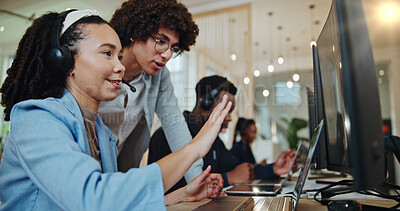 Buy stock photo Call center, people and mentor helping in office, telemarketing manager and advice for hotline. Employees, representative assistance and consulting support in workplace, computer and faq online chat