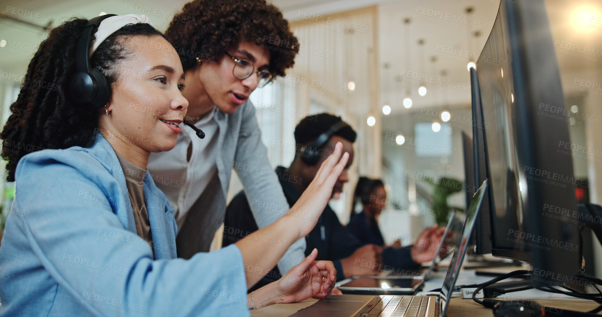 Buy stock photo Call center, people and mentor helping in office, telemarketing manager and advice for hotline. Employees, representative assistance and consulting support in workplace, computer and faq online chat