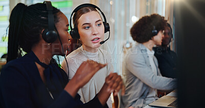 Buy stock photo Call center, business people and coaching with computer for help, sales questions and customer service. Coworking, consultant and women with discussion for telemarketing, mic and teamwork in office