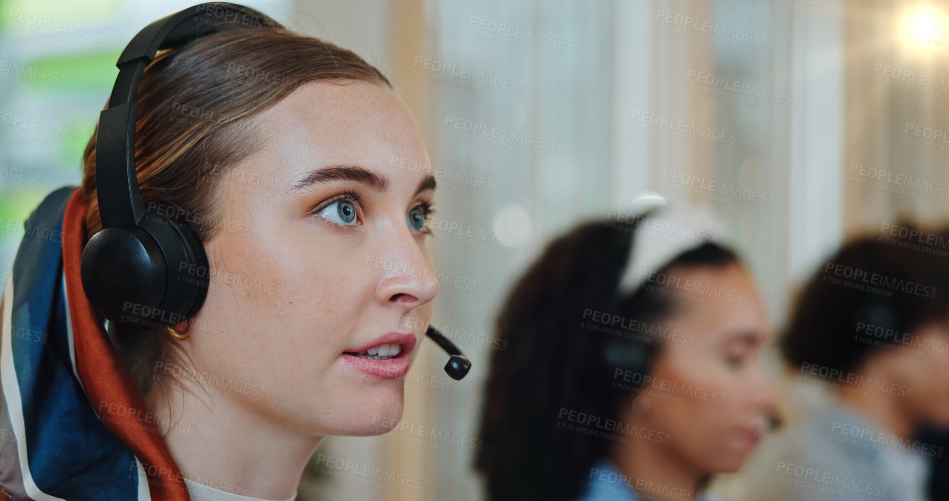 Buy stock photo Call center agent, woman and working in office as customer service professional in sales company. Female person, headset and consultant in telemarketing agency as support, operator and helpdesk staff