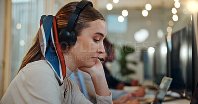 Buy stock photo Call center agent, woman and tired in office as customer service professional for sales company. Female person, headset and consultant in telemarketing agency as bored, fatigue or burnout in business