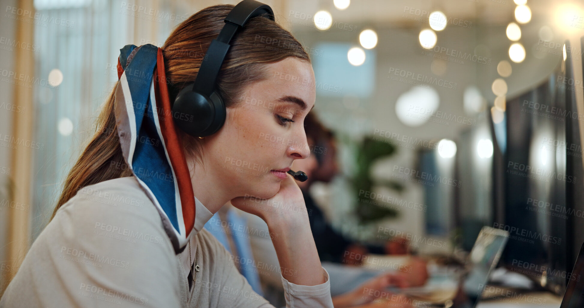 Buy stock photo Call center agent, woman and tired in office as customer service professional for sales company. Female person, headset and consultant in telemarketing agency as bored, fatigue or burnout in business