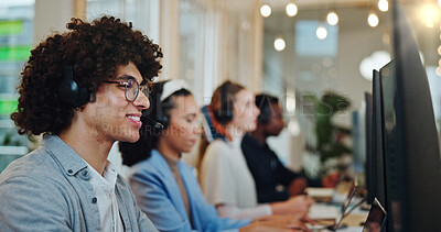 Buy stock photo Call center agent, man and happy in office as customer service professional in sales company. Male person, headset and consultant in telemarketing agency as cheerful, smiling and employee in business