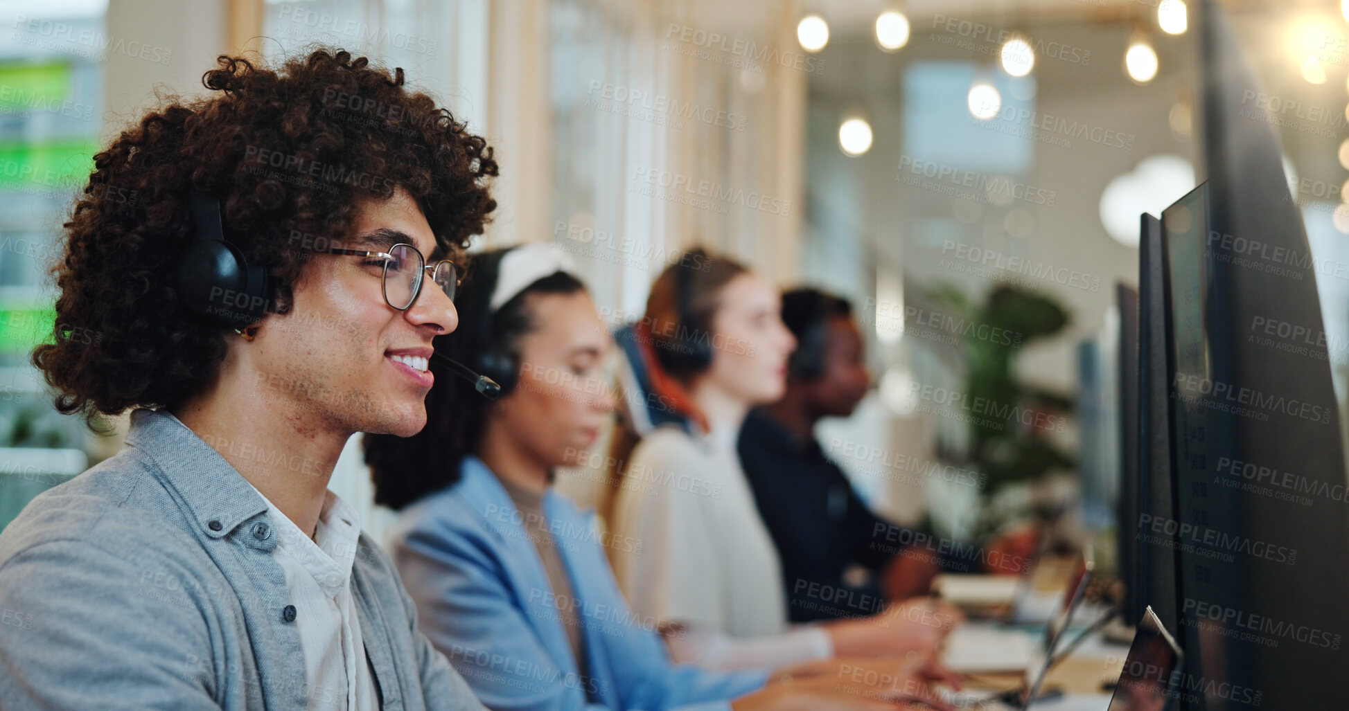 Buy stock photo Call center agent, man and happy in office as customer service professional in sales company. Male person, headset and consultant in telemarketing agency as cheerful, smiling and employee in business