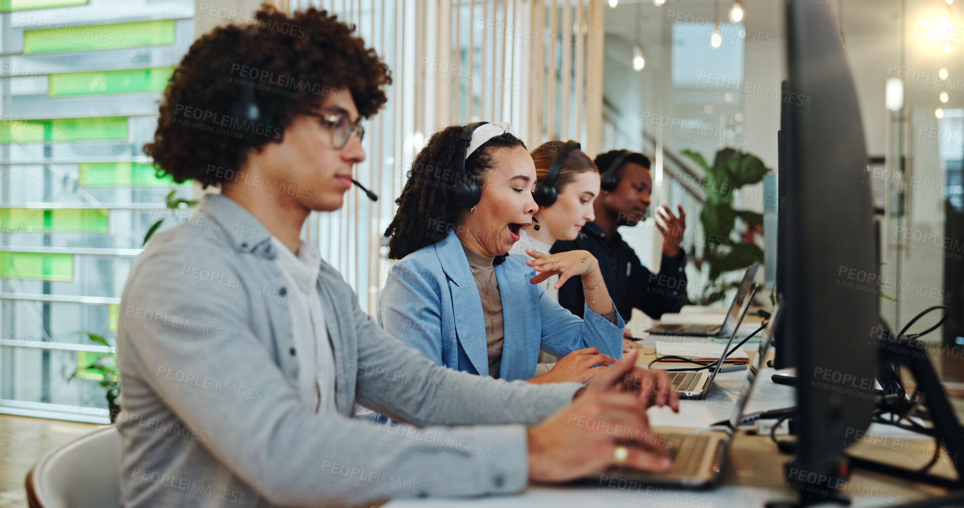 Buy stock photo Career people, woman and tired as customer service professional for sales company with yawn. Call center agent, technology and consultant in telemarketing agency as bored, fatigue and burnout at work