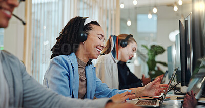 Buy stock photo Call center agent, woman and happy in office as customer service professional for sales company. Female person, smile and consultant with technology for technical support, help desk and communication