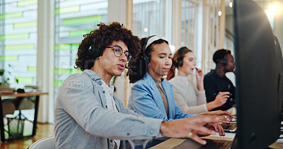 Buy stock photo Call center, business people and coaching with computer for advice, sales questions and customer service. Coworking, consultant and mentor with discussion for telemarketing, mic or teamwork in office